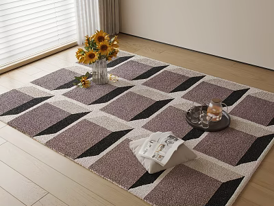 Square Rug with Geometric Pattern on Wooden Floor featuring Sunflower Vase Magazine and Tray 3d model