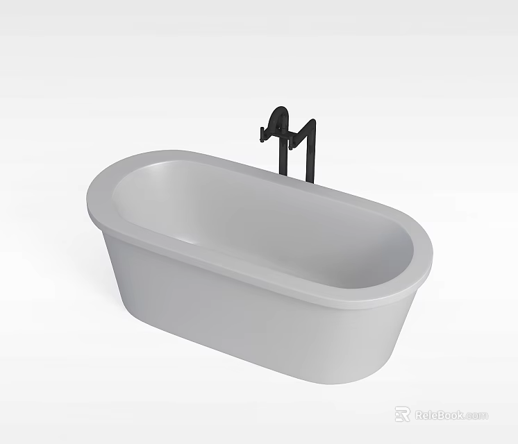 Freestanding Light Gray Oval Bathtub With Black Faucet In Modern Bathroom 3d model 