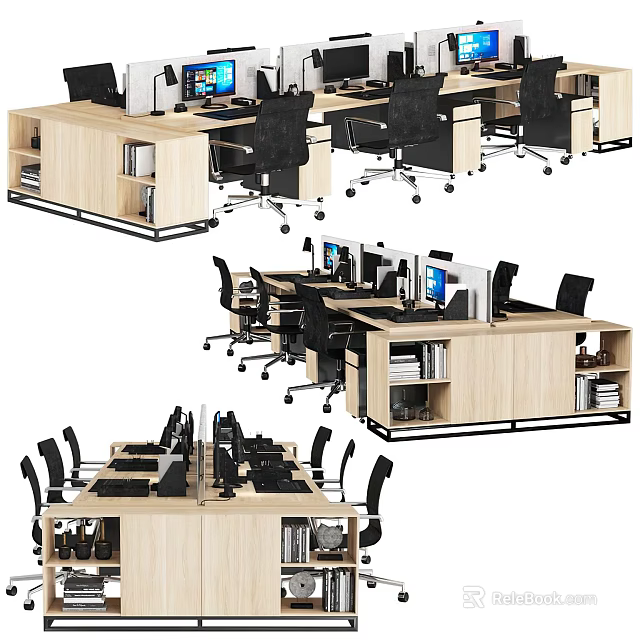 Modern Office Desks Setup With Computers Office Chairs And Storage Shelves 3d model 