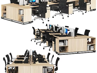 Modern Office Desks Setup With Computers Office Chairs And Storage Shelves 3d model