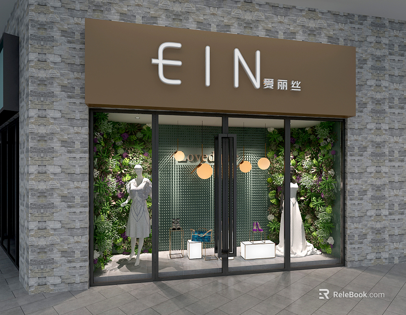 Stylish Shop Window Display With Green Plant Decorations Mannequins Dresses And Round Pendant Lights 3d model 