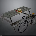 Outdoor Wooden Picnic Table With Hamburger Red Drink Mobile Phone And Black Bicycle