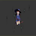 Game Movie Character Witch Riding Broomstick In Blue Outfit With Red Accent And Blue Stars