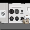 Modern Laundry Room With Various Front Loading Washing Machines And Storage Baskets 3d model