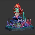 Cute Little Mermaid Figurine With Colorful Coral And Seaweed Decor