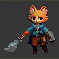 Cute Orange Fox Game Character In Blue Outfit With Sword And Bucket