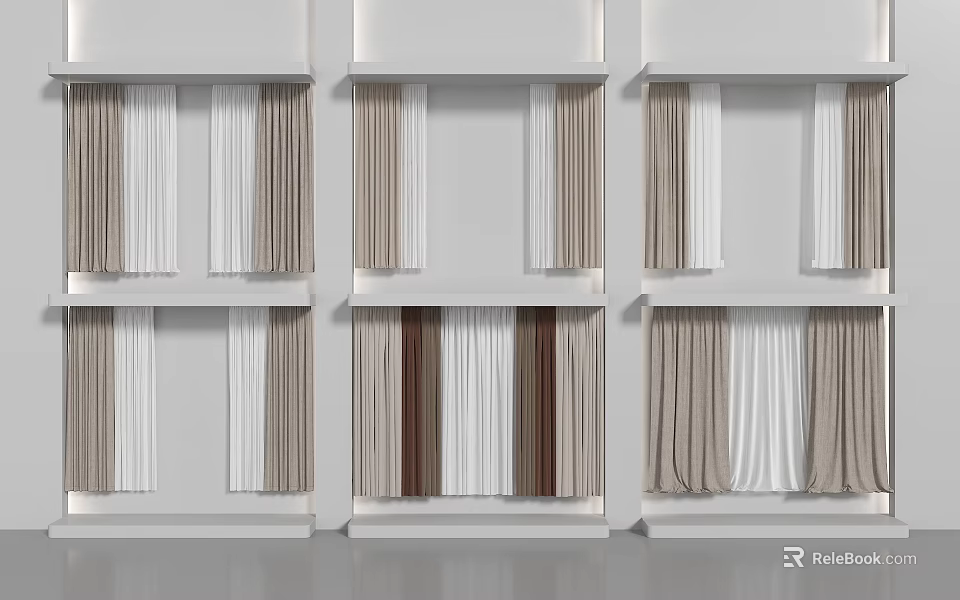 Modern Curtains in White Beige and Light Brown Displayed on Shelves for Interior Design 3d model 