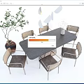 Modern Wooden Dining Table Set With Six Rattan Chairs And Green Plant Decor