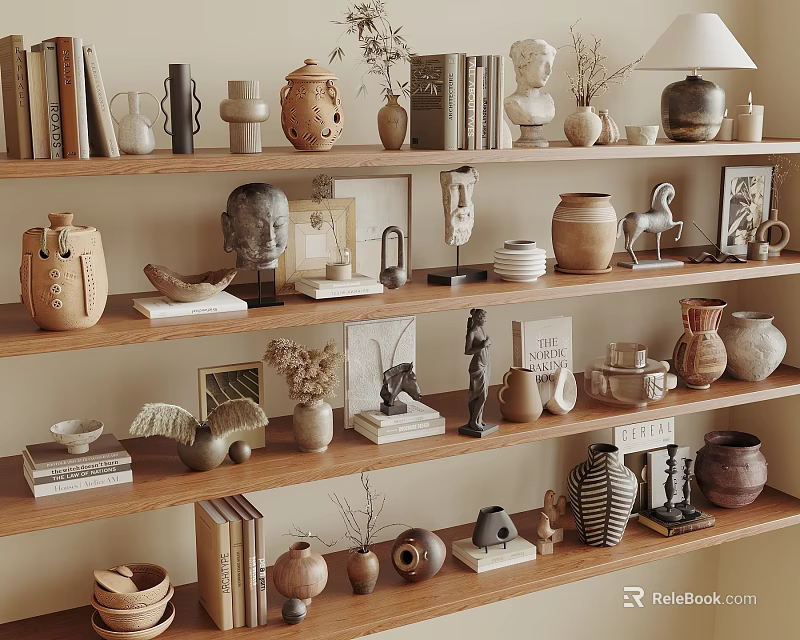 Stylish Decorative Ornament Combinations on Wooden Shelves with Clay Pots Sculptures Books and Vases 3d model 