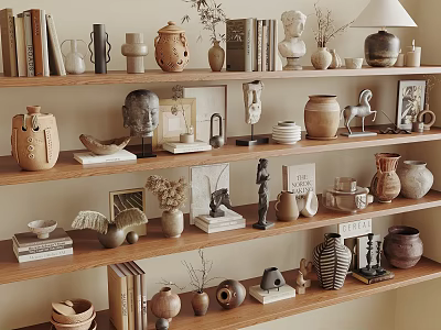 Stylish Decorative Ornament Combinations on Wooden Shelves with Clay Pots Sculptures Books and Vases 3d model
