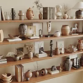 Stylish Decorative Ornament Combinations on Wooden Shelves with Clay Pots Sculptures Books and Vases