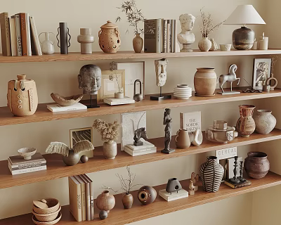 Stylish Decorative Ornament Combinations on Wooden Shelves with Clay Pots Sculptures Books and Vases 3d model