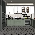 Modern Green And White Kitchen Interior With Geometric Floor Tiles And Appliances