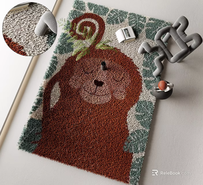 Cute Cartoon Monkey Design Square Rug Featuring Green Leaf Patterns And Brown Tones 3d model