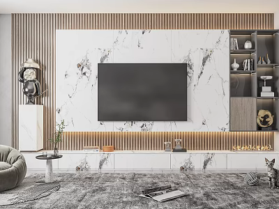 Modern Marble TV Backdrop with Wooden Strips Decorative Lights and TV Stand in Living Room 3d model