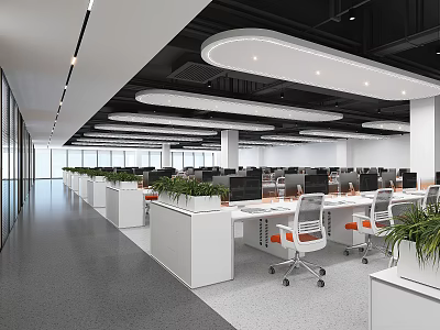 Modern Public Office Space Interior With Open Layout Desks Ergonomic Chairs Computers And Green Plants 3d model