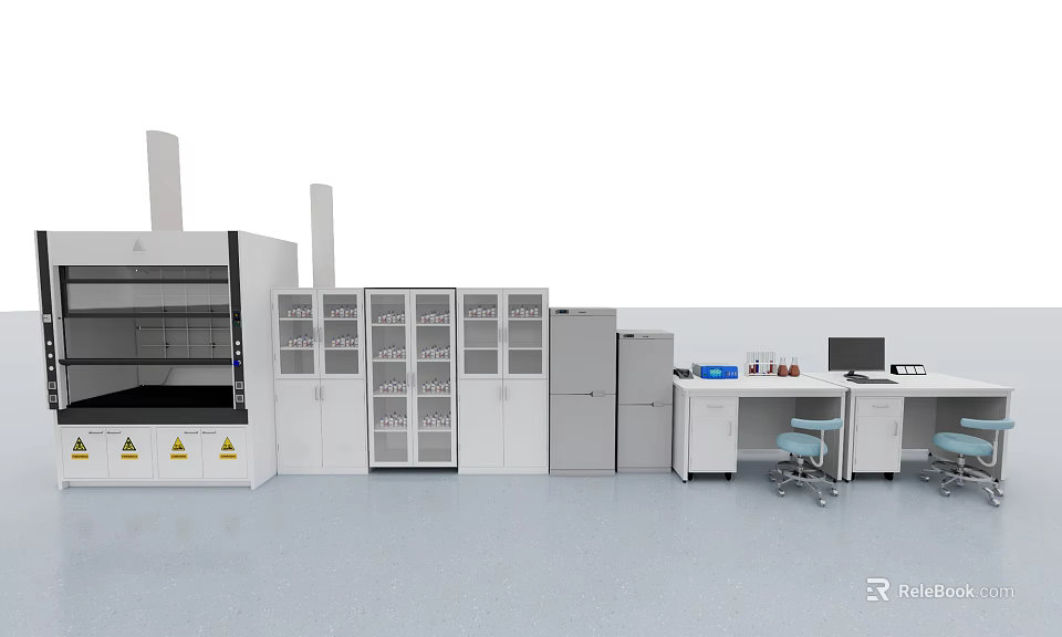 Laboratory Functional Table With White Cabinets Refrigerator And Equipment Workspace 3d model 