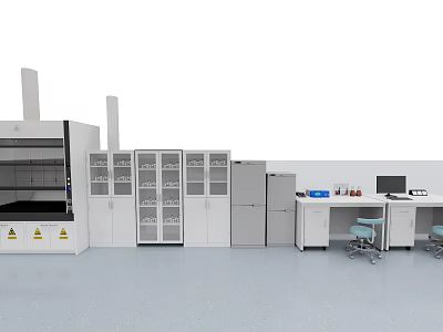 Laboratory Functional Table With White Cabinets Refrigerator And Equipment Workspace 3d model
