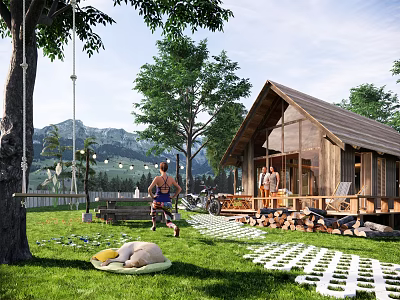 Cozy Wooden Cabin Outdoor Scene With Green Grass Swing Trees And Mountain Views 3d model