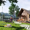 Cozy Wooden Cabin Outdoor Scene With Green Grass Swing Trees And Mountain Views