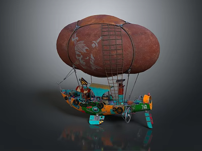 3D Model Airship Featuring Brown Balloon White Patterns Boat Structure Ladder And Colorful Decorations 3d model