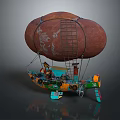 3D Model Airship Featuring Brown Balloon White Patterns Boat Structure Ladder And Colorful Decorations