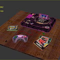Wooden Tabletop Setup With Black Game Console Controller And Game Discs