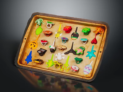 Colorful Small Handmade Figurines in Rustic Tray with Assorted Shapes and Designs 3d model