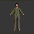 Woman In Green Blouse And Green Pants With Short Brown Hair On Gray Background