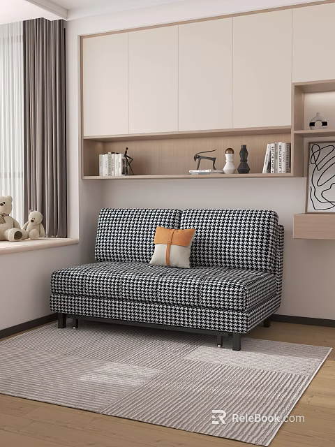 Black and White Checkered Multi Seater Sofa with Cushions in Modern Room by Window Shelf 3d model 