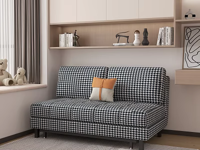 Black and White Checkered Multi Seater Sofa with Cushions in Modern Room by Window Shelf 3d model