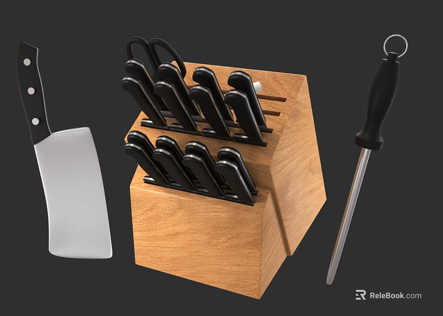 Essential Kitchen Tools Wooden Knife Block With Multiple Knives Cleaver And Sharpening Steel 3d model 