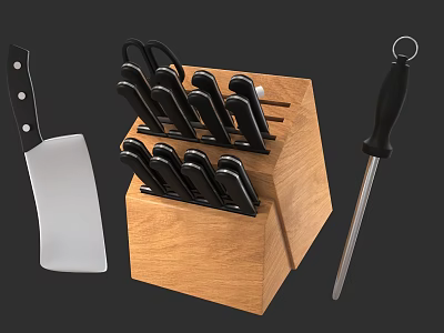Essential Kitchen Tools Wooden Knife Block With Multiple Knives Cleaver And Sharpening Steel 3d model