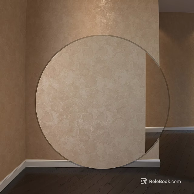 Circular Mirror Mounted On Beige Patterned Wall With White Baseboard 3d model
