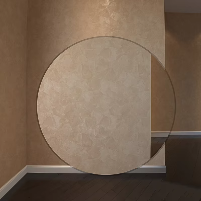 Circular Mirror Mounted On Beige Patterned Wall With White Baseboard 3d model