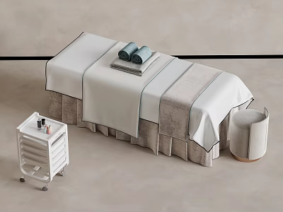 Minimalist Modern Massage Bed with Soft Linen Sheets Rolled Towels Side Trolley and Stool 3d model