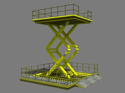 Yellow Scissor Lift Elevator with Scissor Structure Platform and Guardrails and Warning Stripes Base 3d model
