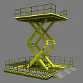 Yellow Scissor Lift Elevator with Scissor Structure Platform and Guardrails and Warning Stripes Base