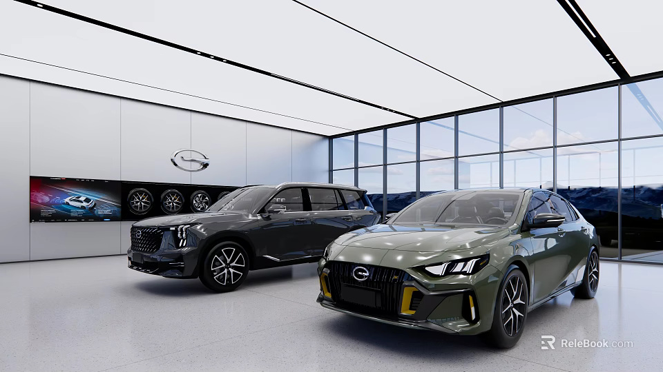 Modern Car Showroom Featuring Luxury SUV And Sports Sedan With Bright Interior And Large Windows 3d model 