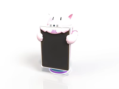 Cartoon Cat Phone Stand With White Body Pink Ears Black Screen And Colorful Base 3d model