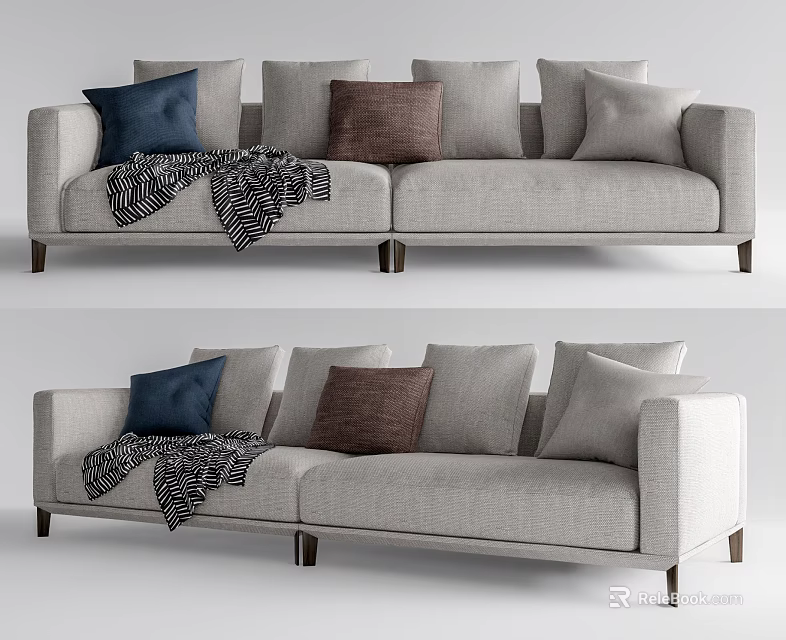 Light Gray Two Seater Sofa With Blue Brown Gray Cushions And Black White Patterned Throw 3d model