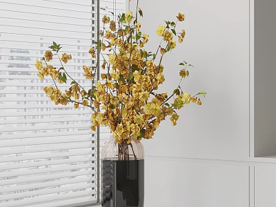 Yellow Flowers in Transparent Black Vase Near White Window Blinds and Cabinets 3d model