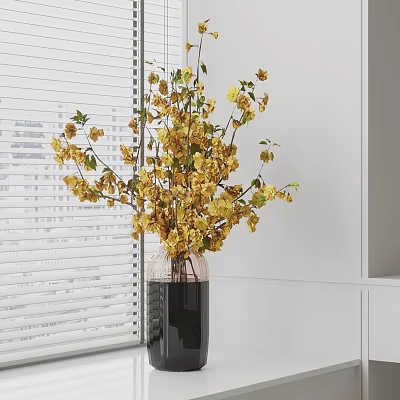 Yellow Flowers in Transparent Black Vase Near White Window Blinds and Cabinets 3d model