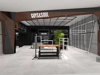 Modern Stylish Clothing Store Interior Featuring Clothing Racks Table And Green Plant 3d model