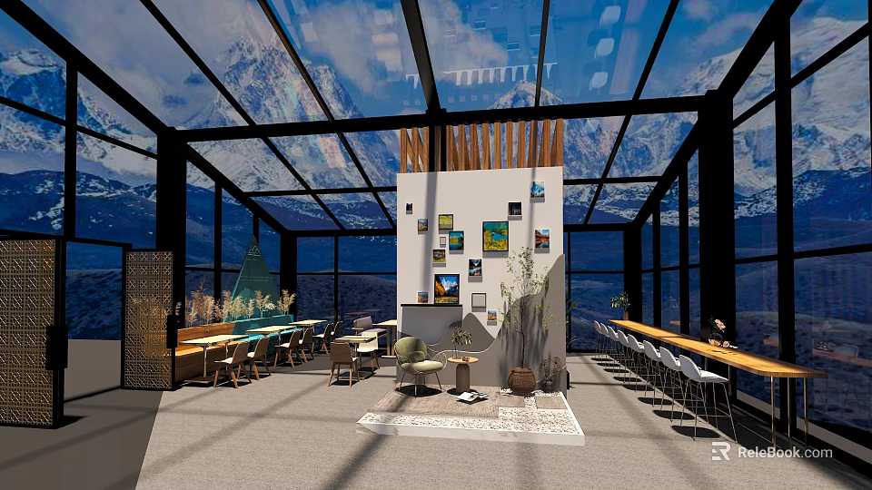 Modern Café Interior With Large Glass Windows Snowy Mountain Views And Art Decorations 3d model 