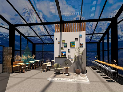 Modern Café Interior With Large Glass Windows Snowy Mountain Views And Art Decorations 3d model