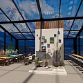 Modern Café Interior With Large Glass Windows Snowy Mountain Views And Art Decorations
