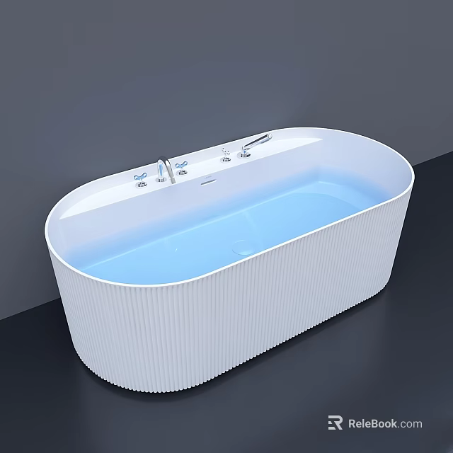 White Oval Shaped Ribbed Bathtub With Blue Water And Silver Faucet 3d model 