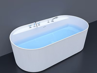 White Oval Shaped Ribbed Bathtub With Blue Water And Silver Faucet 3d model