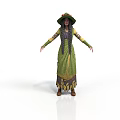 A Woman in Green and Purple Dress with Wide Brimmed Hat Standing with Arms Outstretched